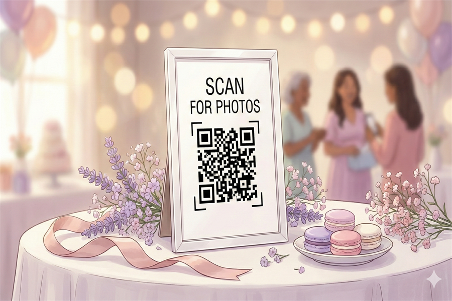 QR code display at a baby shower with cute signage
