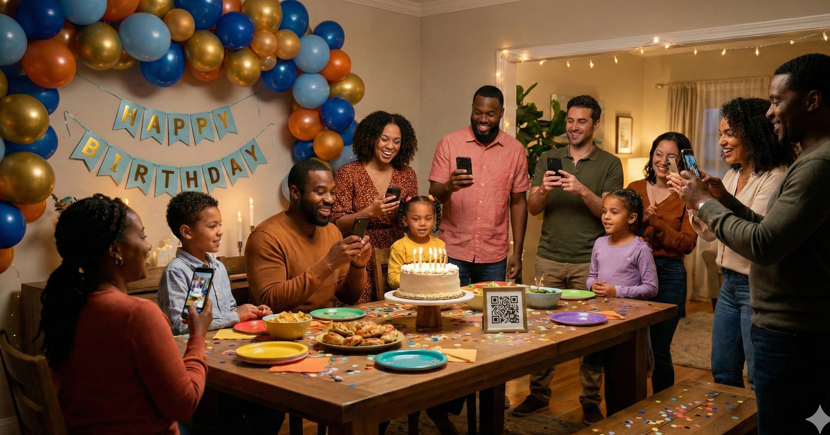 Birthday party guests celebrating with balloons and a QR code photo sharing sign on the gift table