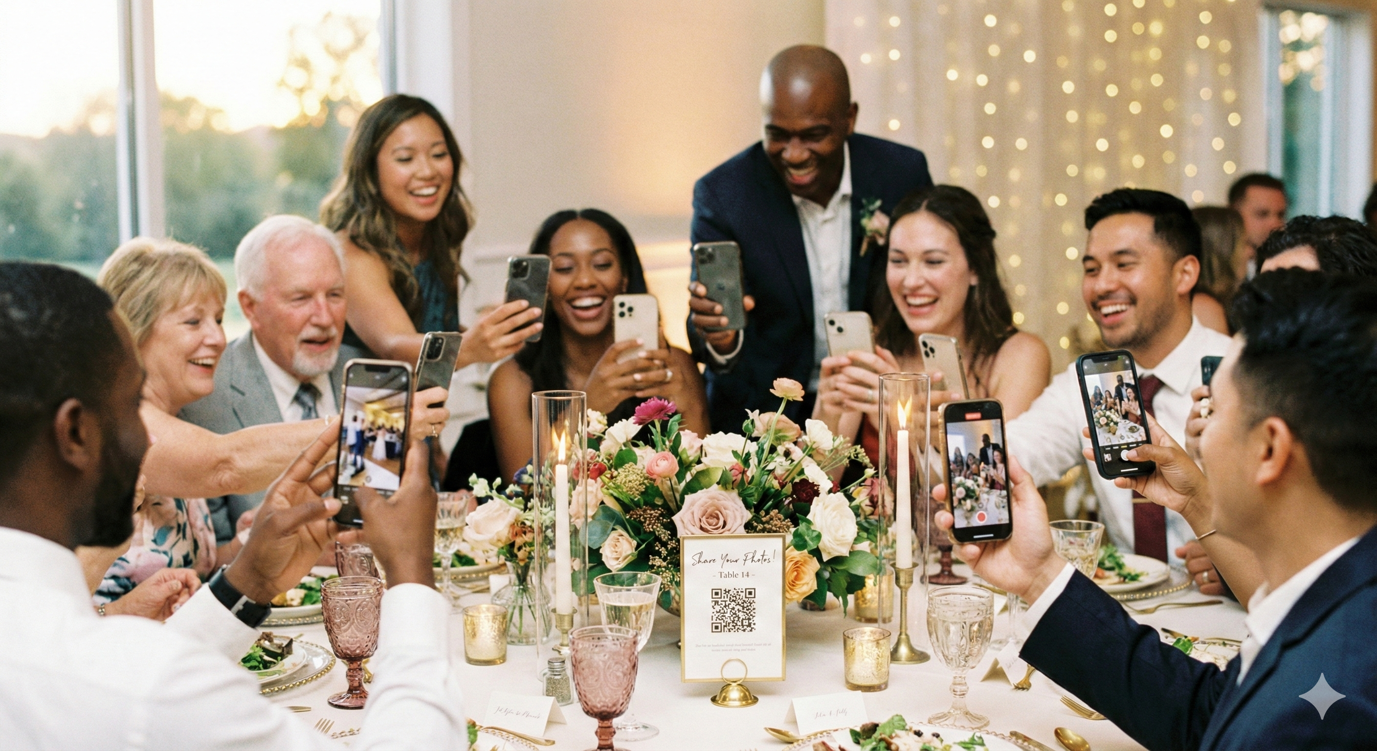 Wedding guests holding up phones to photograph the happy couple at a reception table with a QR code table card