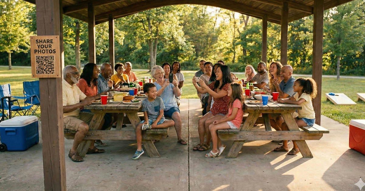 Large family gathering at a park pavilion with a QR code photo sharing sign