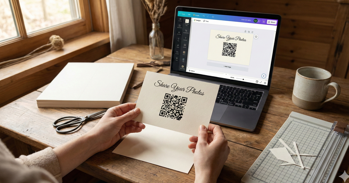 Hands holding a printed wedding table card with QR code, laptop showing Canva in background