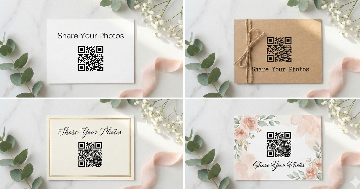 Four different wedding table card designs showing modern, rustic, elegant, and boho styles