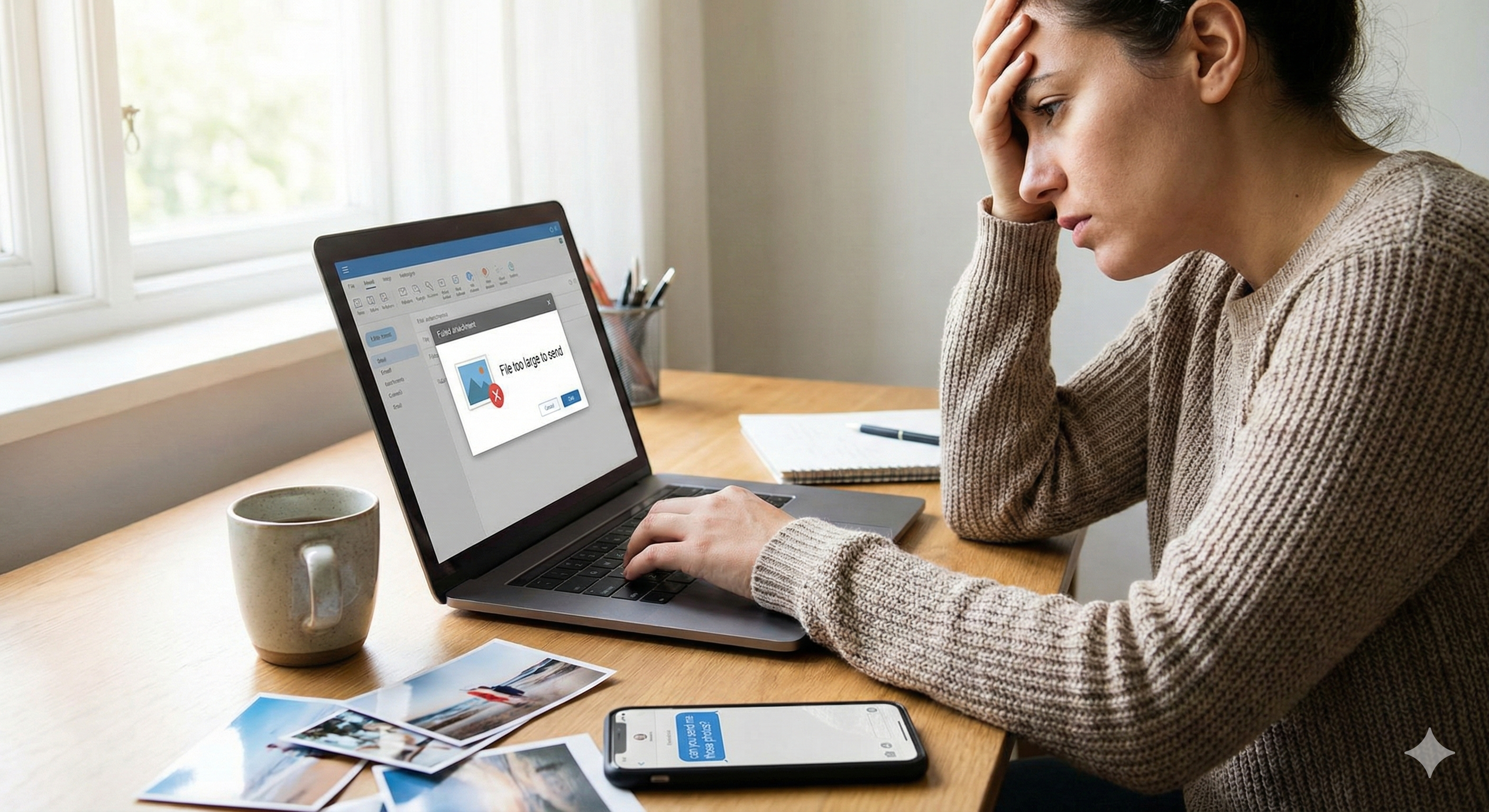 Frustrated person seeing 'File too large to send' error message on laptop
